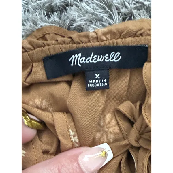 Madewell Women’s Brown Floral Tiered Mini Dress Long Sleeve Peasant Boho Size M - Image 10