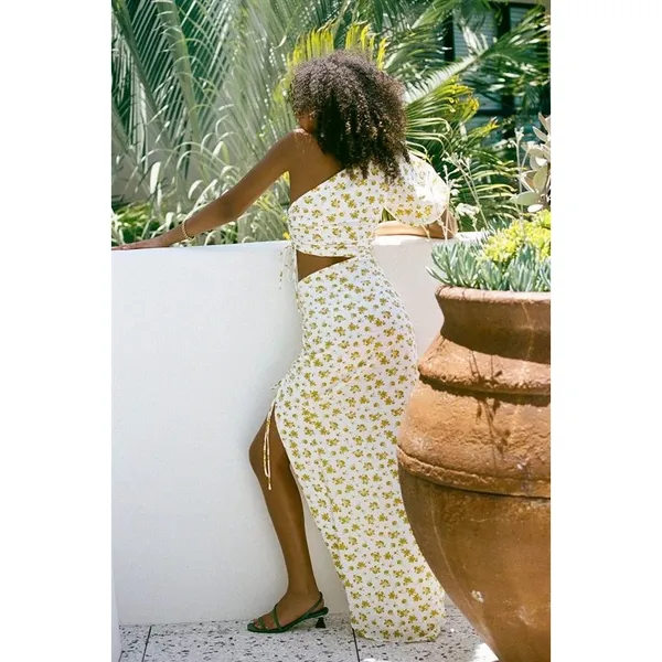 Sabo Skirt Women Maxi Dress S Yellow Floral One Shoulder Cut Out Ruched Slit - Image 3