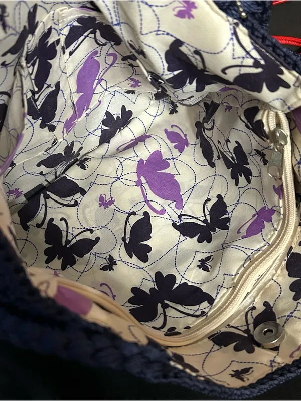 Lina Women’s Navy Crochet Shoulder Bag Butterfly Interior - Image 12