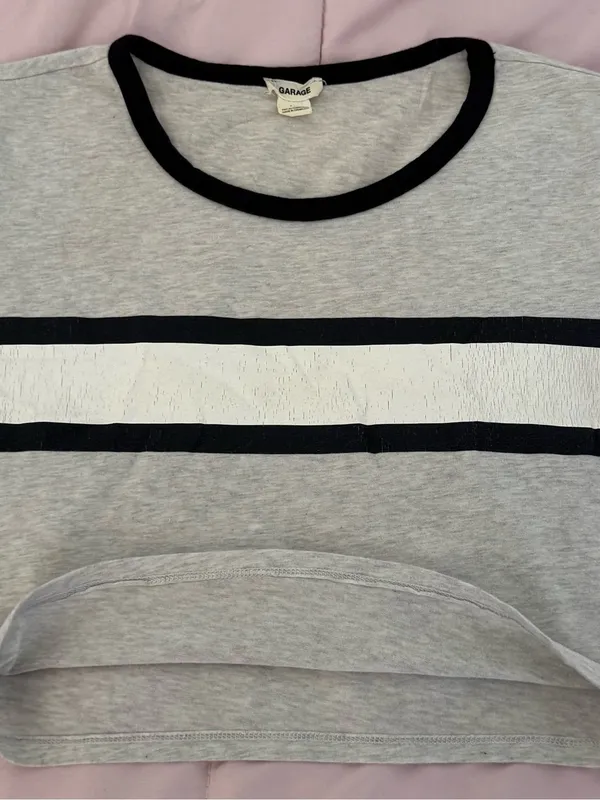 Garage Y2K Light Gray Crop Top with Black Trim and White Stripe, size S Petite - Image 6