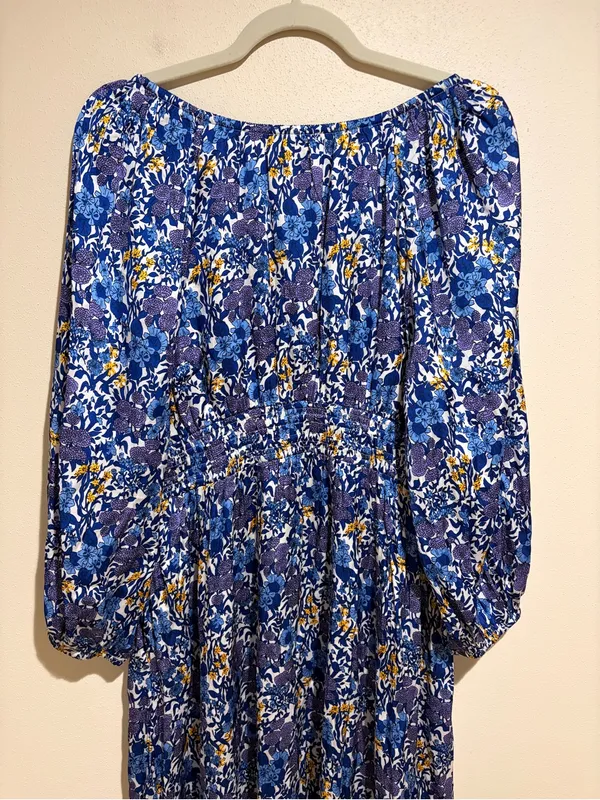 J. Crew V-neck Midi Dress in Fête Floral Print Blue Satin Long Sleeves Medium - Image 16