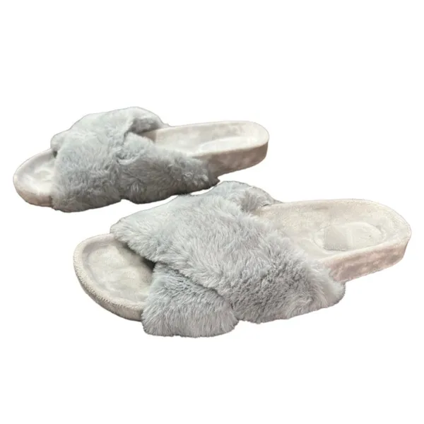 Fitory Slippers Womens Size 7 Gray Cross Band Plush Slip On Slides Cozy‎ Casual - Image 2