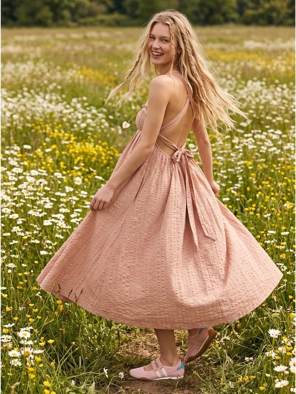 Free People Bohemian Beachy Seersucker Poppy Midi Dress Sundress Blush Large - Image 8