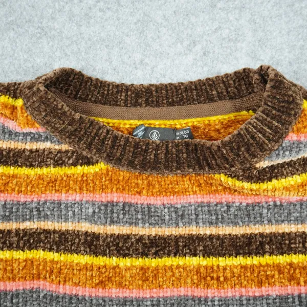 Volcom Women's XL Chenille Striped Cropped Crew Neck Sweater Brown Orange Yellow - Image 5
