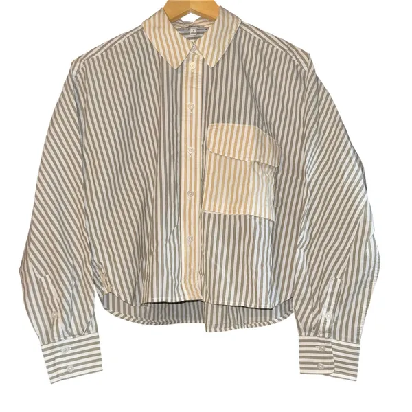 Madewell Flap Pocket Crop‎ Button Up Shirt Poplin Lagoon Women's Small Striped - Image 2