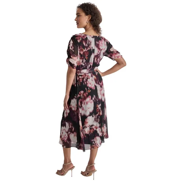 NWT DKNY Tie-Waist Ruched Puff Sheer Sleeves Dress Raisin Purple Multi 4 - Image 2