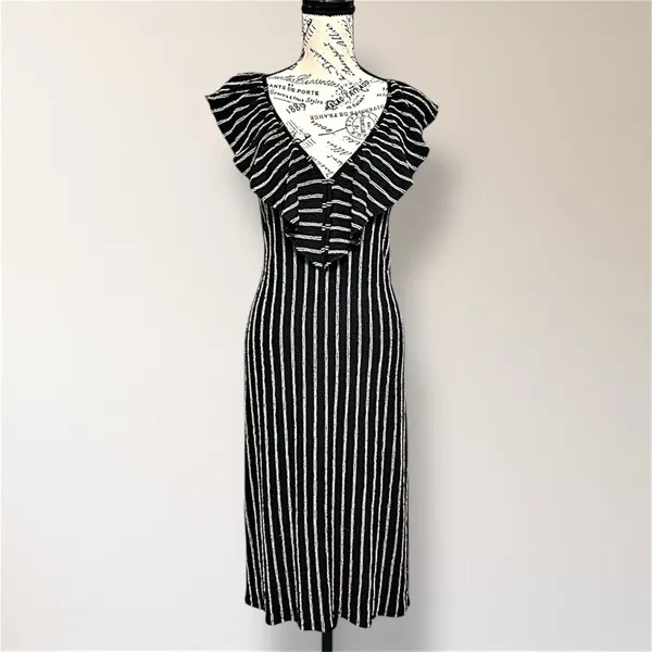 Zara Black Tan Striped Ruffle V‎ Neck Midi Dress Open Back Cottagecore Boho NWT - Image 2