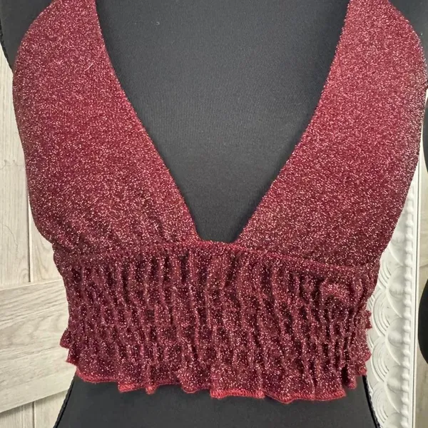 Subdued burgundy glitter halter crop top with ruffled hem, size S - Image 2