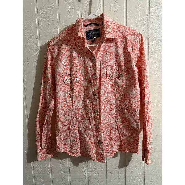 Rough Stock Panhandle Slim Womens Coral Floral Paisley Western Snap Shirt Small - Image 2