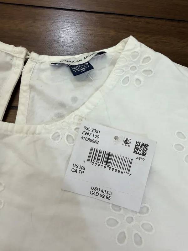 American Eagle Eyelet Blouse XS White 100% Cotton Embroidered Long Sleeve NWT - Image 9