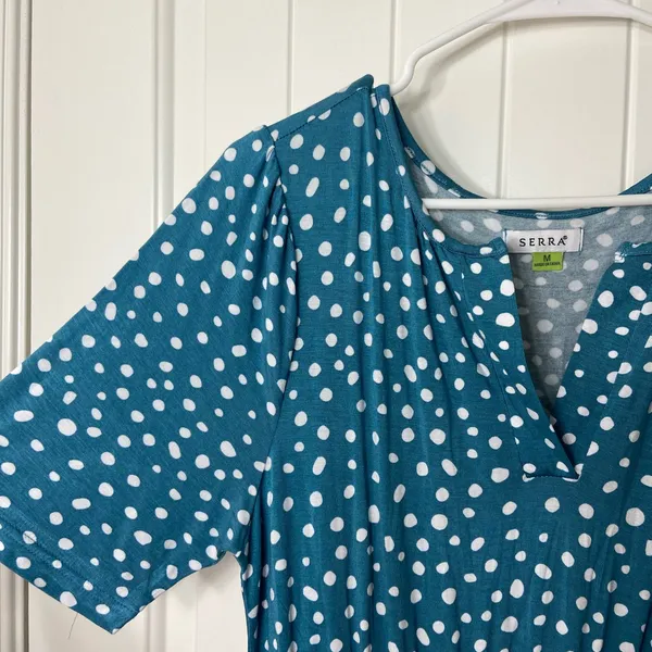 NWOT Serra women’s blue white polka dotted spotted tiered stretch maxi dress‎ M - Image 2