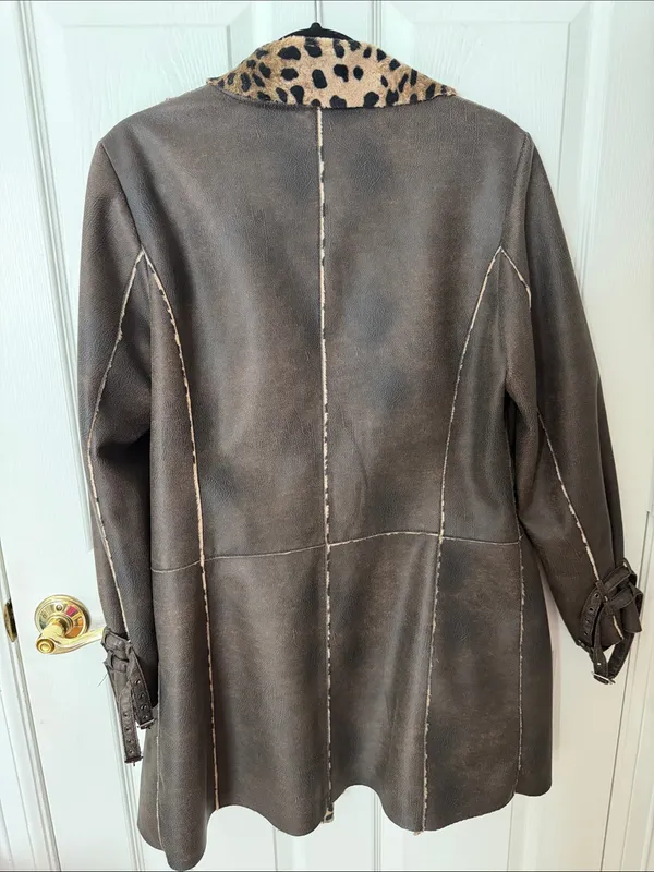 Leopard Trim Brown faux leather Coat - Image 5