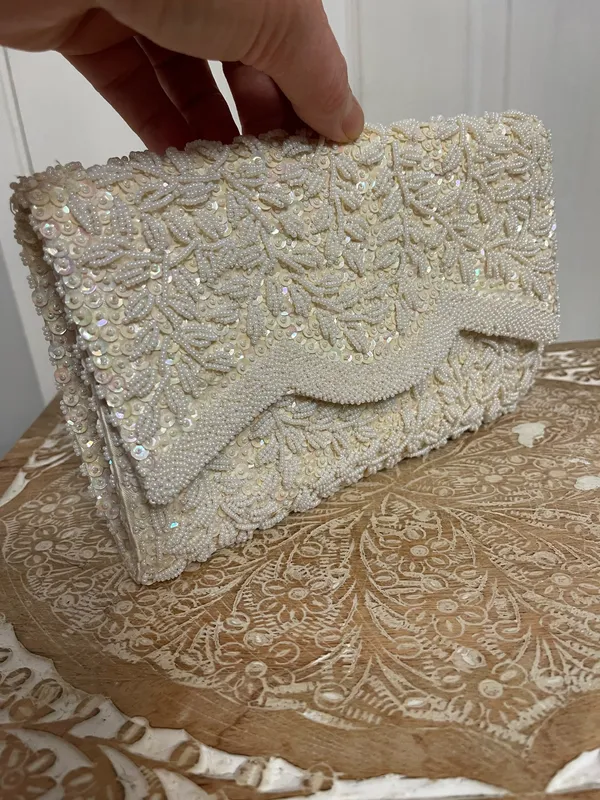 La Regale Beaded Ivory Sequin Envelope Clutch - Image 6