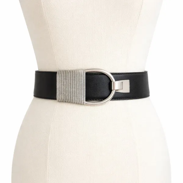 Black Leather Corset Statement Belt Silver Buckle Wide Waist Belt 41” Adjustable - Image 10