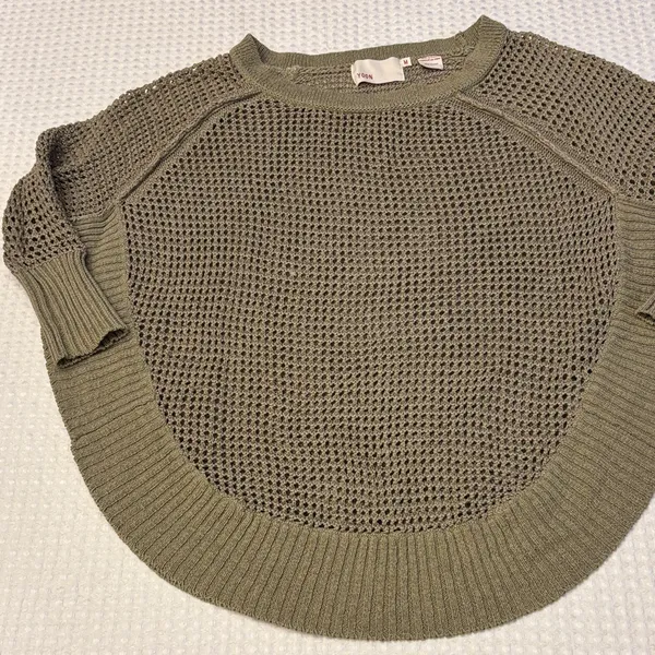 Anthropologie YOON Olive Green Open-Weave Crewneck Raglan Sleeve Poncho Sweater - Image 2