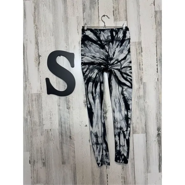 Black White Tie Dye Leggings small High Waist Stretch Yoga Athletic Pants - Image 4