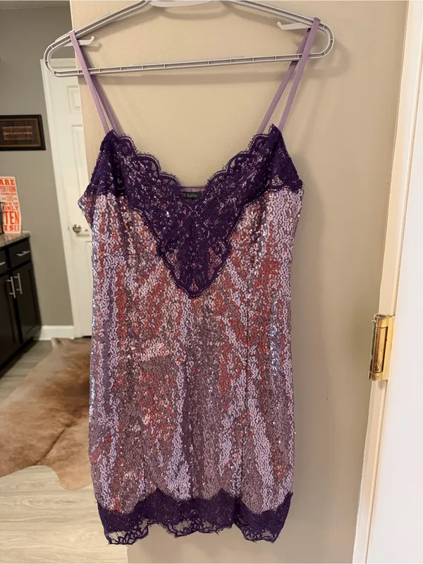 Wild Fable Women Sequin Slip Y2K Mini Dress S Purple Metallic Lace Sexy Glam - Image 2