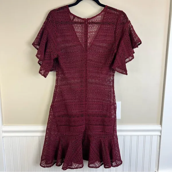 Marissa Webb Cybil Maroon Lace Flutter Sleeve Dress Size Small Sheer Lace Drama - Image 4