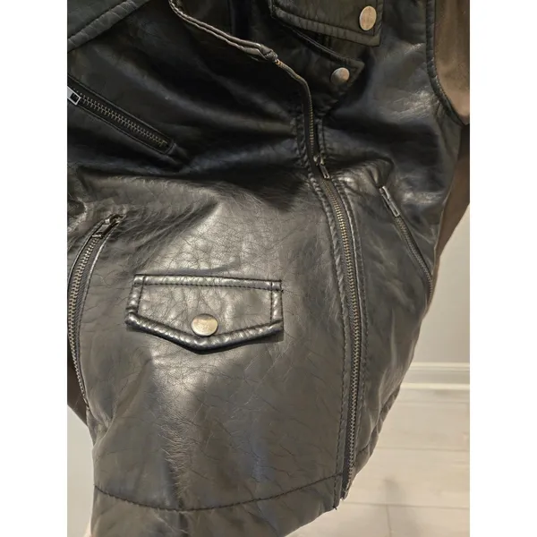Loft Material Girl Moto Jacket Womens Small Brown Faux Leather Brown Sleeve Biker Zip - Image 2