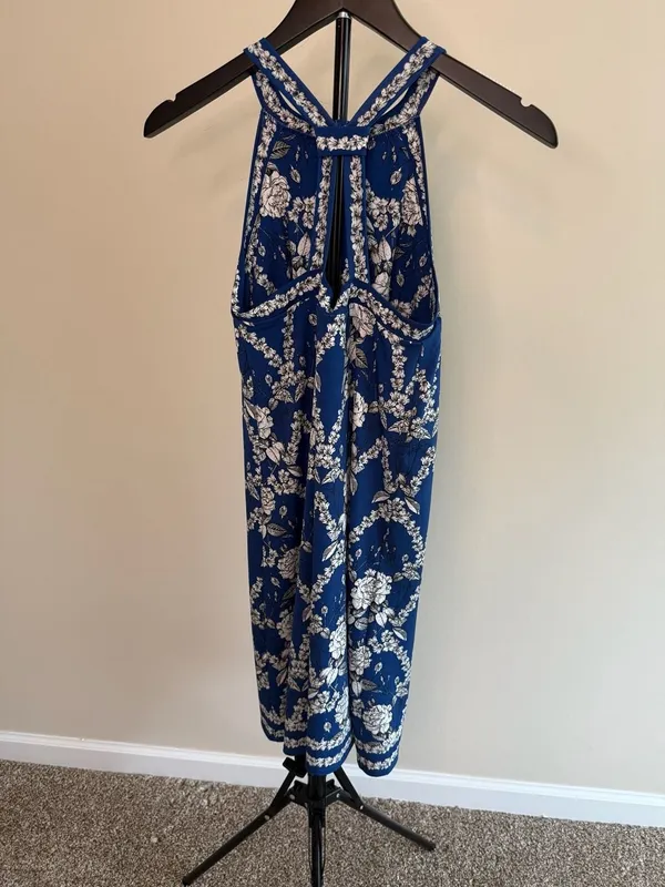 Max Studio Halter Neck Blue White Floral Print Midi Dress XS - Image 3