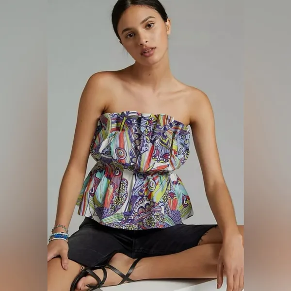 Anthropologie Diana Ruffled Smocked Strapless Tube‎ Top Abstract Print Size XS - Image 3