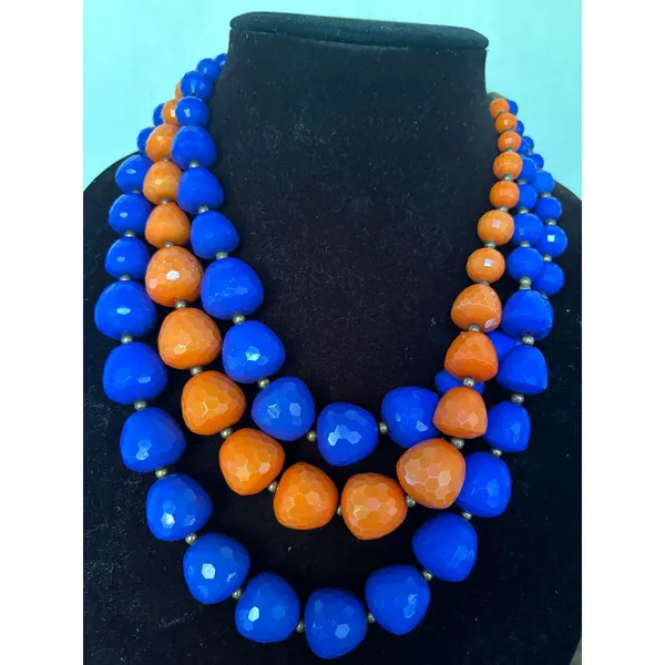 Triple Strand Chunky Bead Bib Necklace Blue Orange Florida Gators UF Faceted - Image 4
