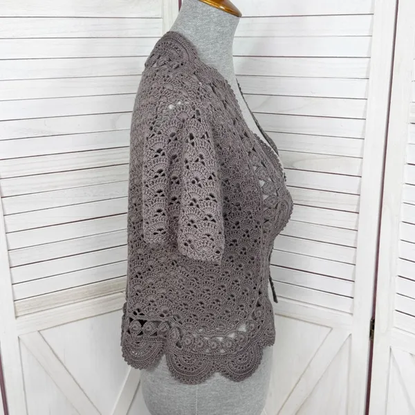 Willi Smith‎ Boho Cottage Crochet Cardigan Shrug Sweater Taupe Medium - Image 3
