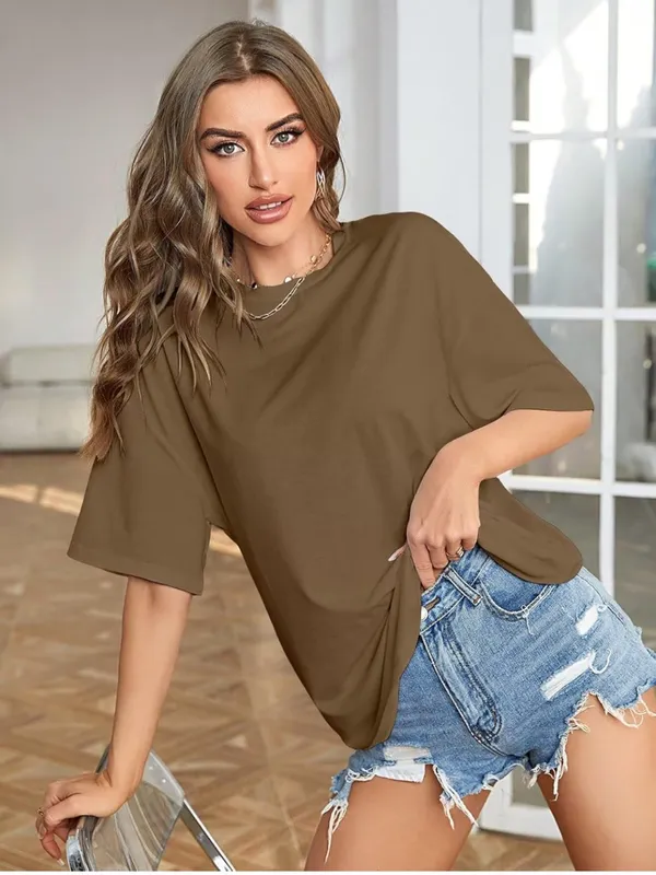Amazon Oversized Boyfriend fit Cotton Brown Short Sleeve Crewneck Tee NWOT - Image 5