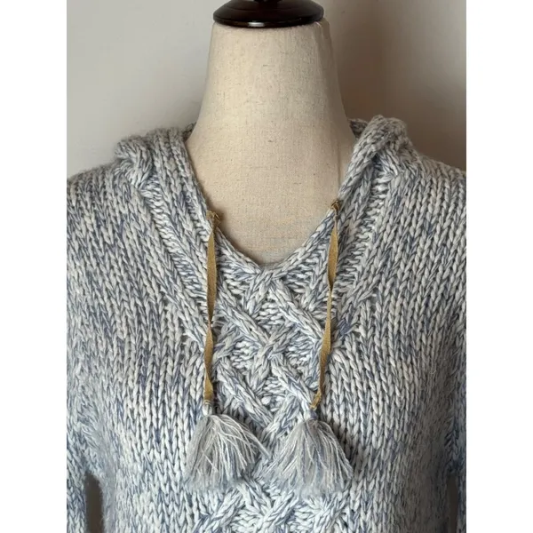 By Next Era Sweater Women Medium Blue White Cable Knit Hooded Pullover‎ Tassel - Image 7