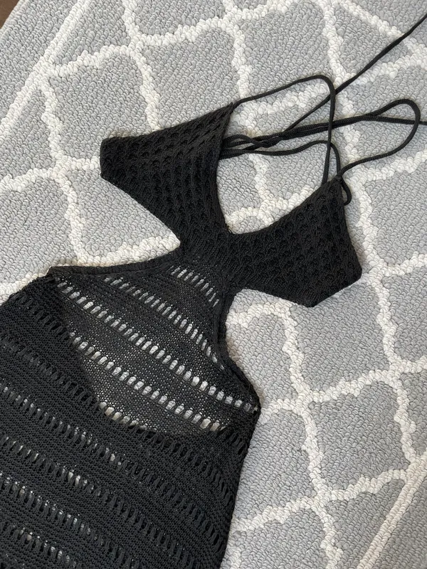 SheIn Crochet Backless Cutout Black Coverup Mini Dress - Image 5