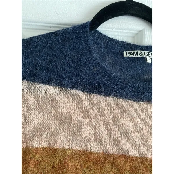Pam Gela Revolve Striped Alpaca Wool Sweater Womens Size‎ S Navy Tan Fuzzy - Image 3