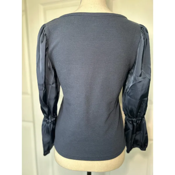 NWT Maeve Anthropologie Navy Ribbed Satin Tiered‎ Balloon Sleeve Top Size Small - Image 4