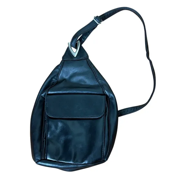 Black‎ Leather Like Sling Teardrop Backpack Silver V Hardware Adjustable Strap Black - Image 4