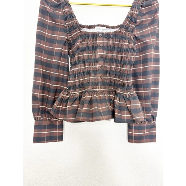 Peppermayo Joyce Long Sleeve Cotton Shirred Top Size 6 Chocolate Check Smocked - Image 10