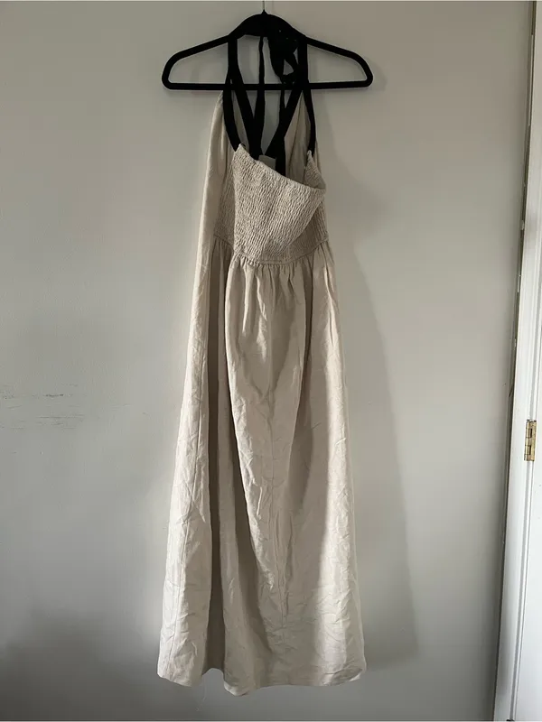 Japna Beige Linen Blend Halter Neck Midi Dress Medium Euro Summer Quiet Luxury Neutral - Image 5