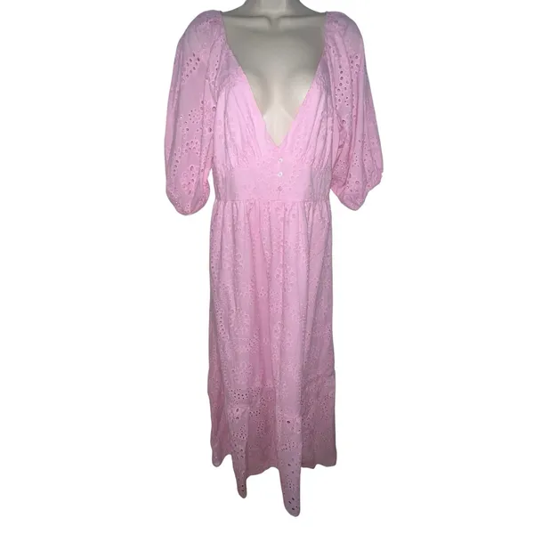 Sanctuary Pink Eyelet Maxi Dress Puff Sleeve Tiered Cotton Blend Size 6 V Neck - Image 3