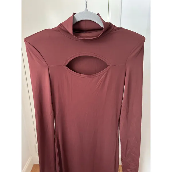 Womens Brown Cut Out Bodycon Maxi Dress Small Long Sleeve Mock Neck Shoulder Pad - Image 3
