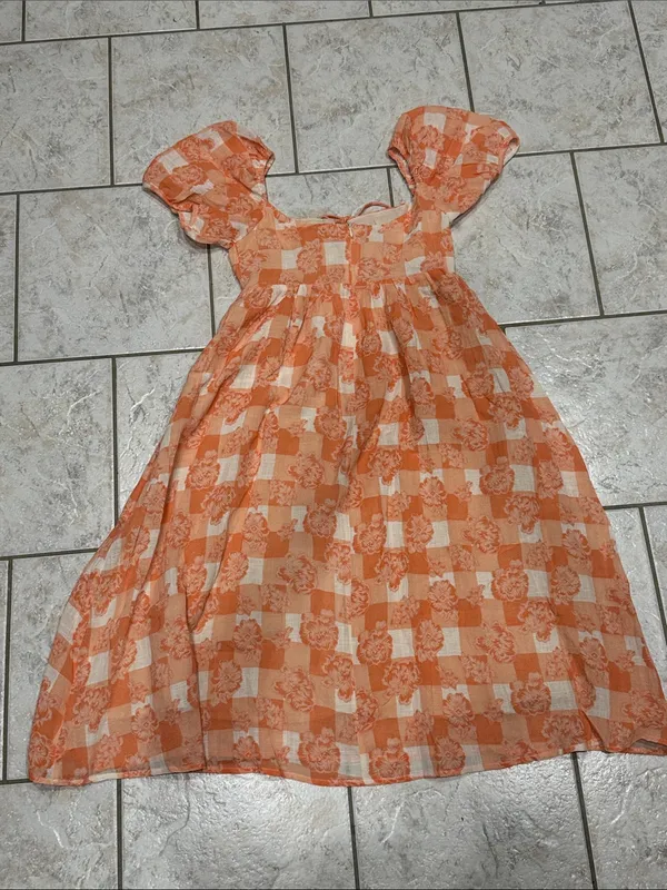 Olivaceous Orange White Floral Check Puff Sleeve Midi Dress Tie Front Size S NWT - Image 6