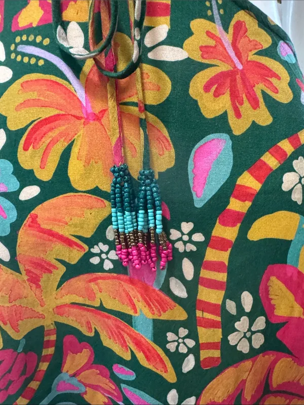 Farm Rio Tropical Cutout Maxi Dress in Green with Pink Orange Floral Print S XL - Image 6