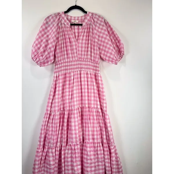 Entro Midi Dress Pink Tiered Gingham V Neck Puff Sleeve Smocked A Line Medium - Image 5