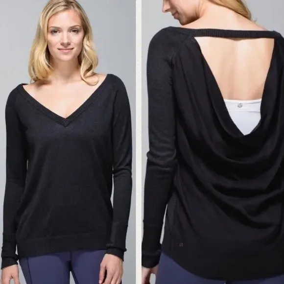 Lululemon Black V Neck Open Back Long Sleeve Sweater Top Women's Size Medium‎ - Image 2