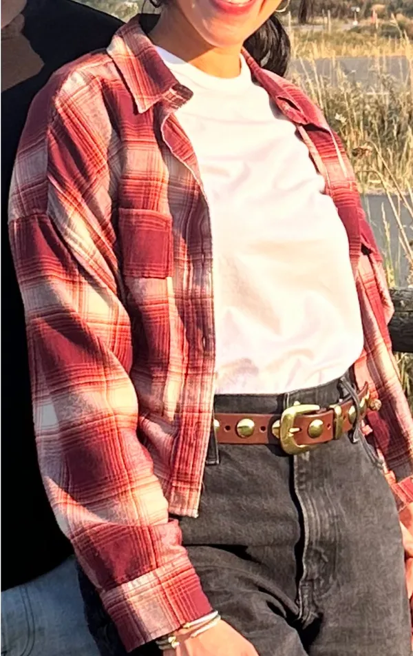 Abercrombie & Fitch Burgundy& Cream Plaid Crop Button Down Shirt - Image 2
