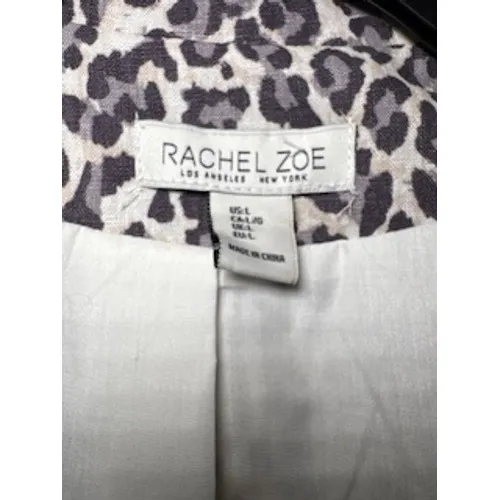 RACHEL ZOE Blazer‎ Large Grey Leopard Print Linen Blend Open Front Chic Career - Image 7