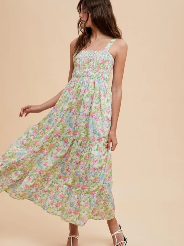 Floral Smocked Tiered Midi Dress Pink Blue Green Print Small - Image 4
