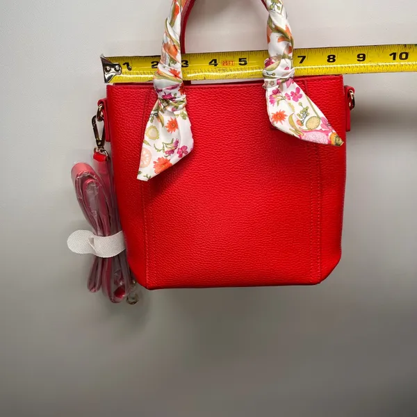 Red Pebbled Leather Tote Bag with Floral Scarf‎ Top Handle Detachable Strap - Image 7