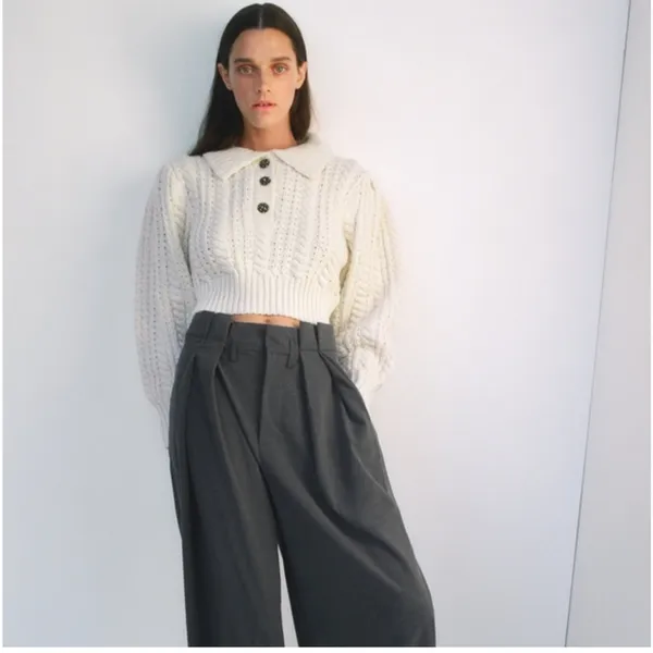 Zara Chunk Knitted Cream Crop Sweater S - Image 4