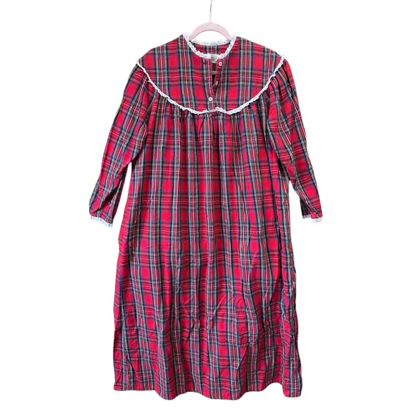 BellePointe Long Nightgown Plaid‎ Flannel Medium Christmas Eyelet Trim Vintage - Image 10