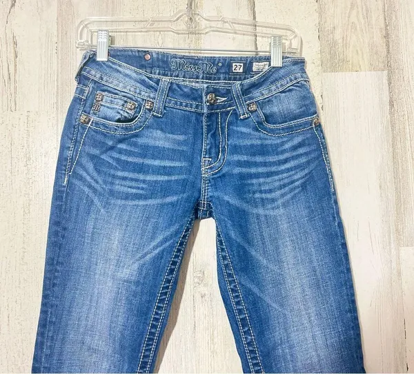 MISS ME Distressed Fleur de lis Rhinestones Low Rise Skinny Jeans Size 27 - Image 3