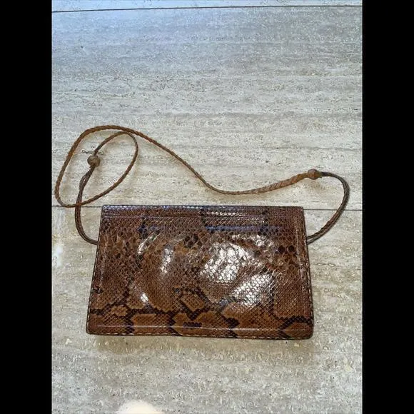 VTG Brown Python Snake Skin Leather Envelope Clutch‎ Handbag Purse - Image 3