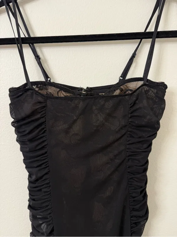 {XS} White Fox Black Ruched Slip Dress with Spaghetti Straps and Body Suit - Image 5